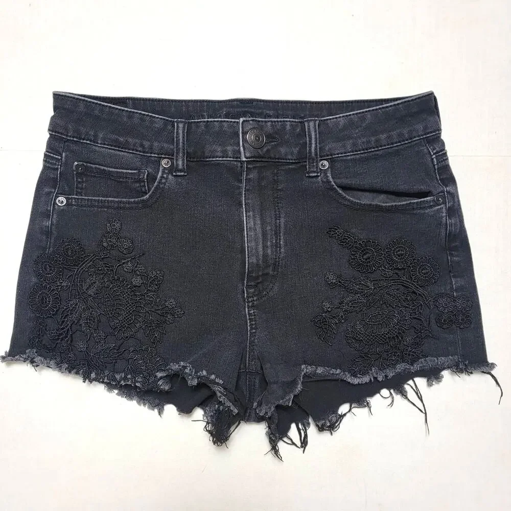 American Eagle Black Embroidered Hi Rise Shorts SZ 10 - Picture 1 of 5